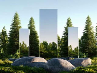 Three reflective monoliths stand among lush greenery, surrounded by large stones under a clear sky, creating a serene and mysterious landscape.