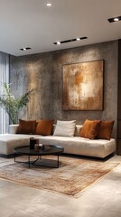 modern living room with white couch and brown rug.