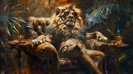 A stylish lion with sunglasses relaxes in a luxurious chair