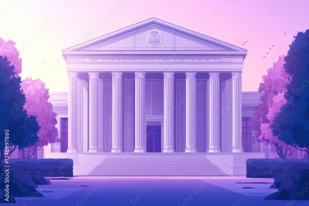 Poster a modern, pastel-colored building with classical columns and lush greenery, creating a serene and in