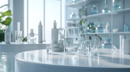 Cosmetic podium display featuring glass flask and cylinder equipment in a modern medical science lab background. 3D rendered, professional and clean