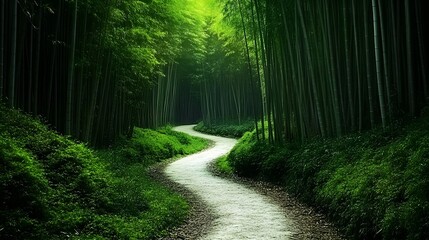 Obraz premium Enchanting Pathway Through Verdant Bamboo Forest Invites and Tranquility