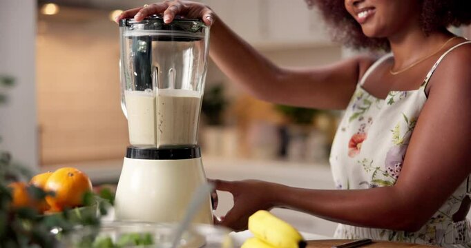 Fruit smoothie, hands and woman with blender for wellness, health and diet for breakfast in kitchen. Food mixer, ingredients and vegan shake for detox, smile or prepare juice for weight loss in home