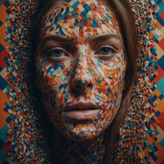 A human face dissolving into colorful geometric patterns.