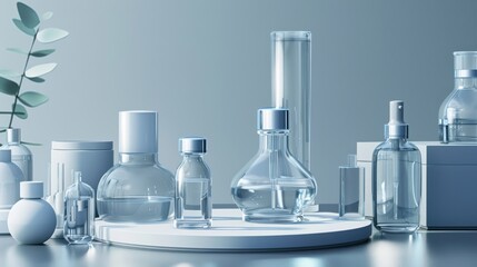 Cosmetic podium display featuring glass flask and cylinder equipment in a modern medical science lab background. 3D rendered, professional and clean
