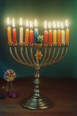 Fototapeta premium A golden candelabra, the traditional Hanukkah menorah, with many lit candles signifying the festival of lights.