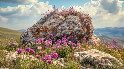 Wildflowers growing on a hillside, surrounding a majestic rock in the center.