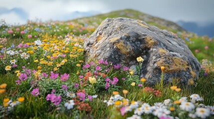 Wildflowers growing on a hillside, surrounding a majestic rock in the center.