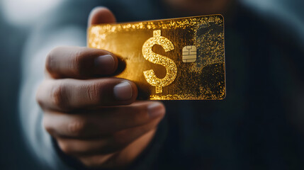 Person holding a golden credit card with a dollar sign, hand holding a credit card