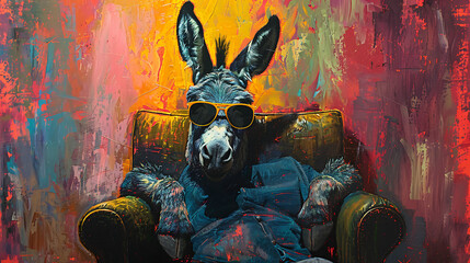 donkey with sunglasses sits in chair and relaxes