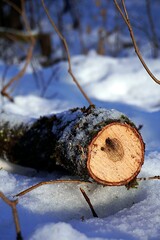 Kawałek drewna leżący w śniegu pozostawionym przez drwali