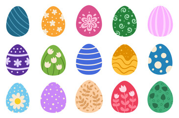 Easter painted eggs set. Cartoon collection of painted eggs with floral, polka dots, stripes and other patterns. Spring designs on eggs for Easter holiday decor and design.