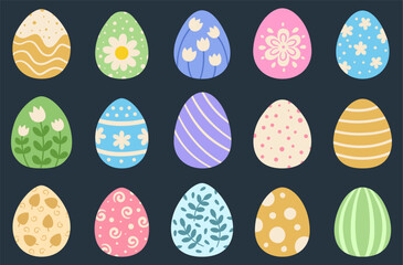 Easter painted eggs set. Cartoon collection of painted eggs with stripes, polka dots and floral patterns. Spring designs on eggs for Easter holiday decor and design.