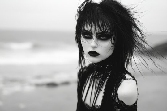 A beautiful goth woman in a black attire and dark make-up standing on empty beach. Black and white fashion photography. Fashion. Style.	