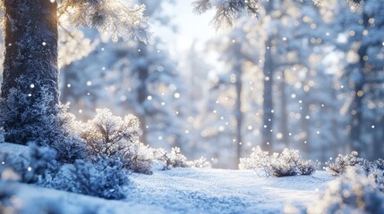 Winter forest under a blanket of snow, with sparkling, frost-covered tree branches