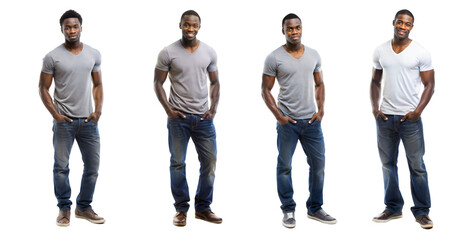 Obraz premium Stylish man in casual gray t-shirt and jeans poses confidently in a studio setting with varied expressions and stances