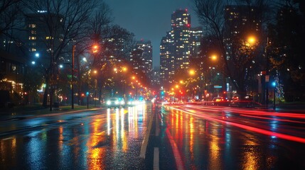Rainy night city street, traffic blur, cityscape