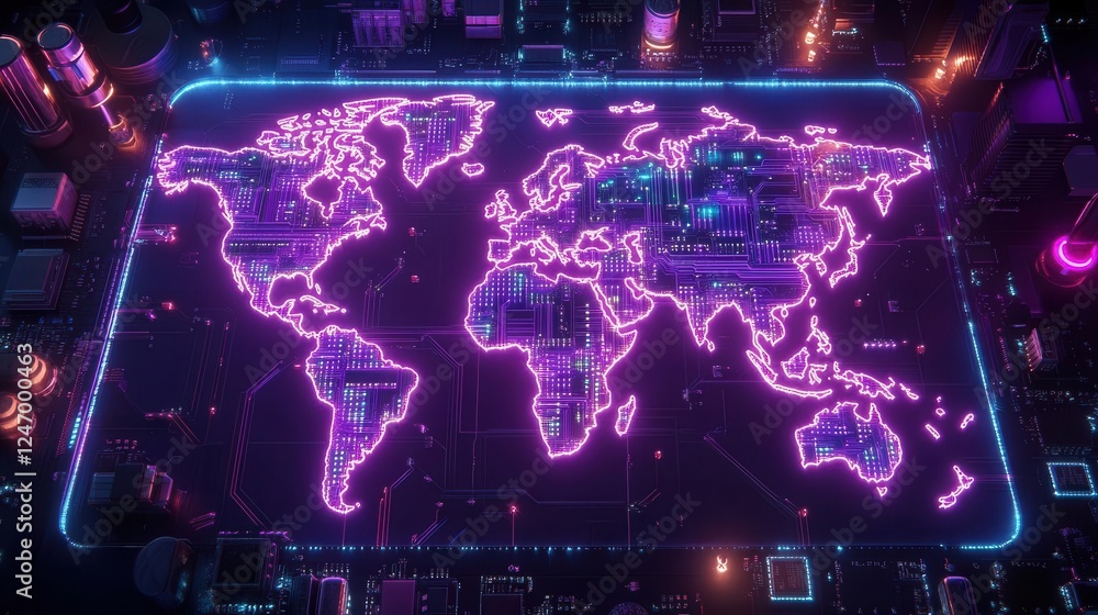 Poster global electronics market scene with neon circuit board design and world map integration