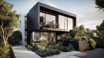 Contemporary urban home with sharp architectural lines, black and white contrast siding, and a rooftop terrace. 