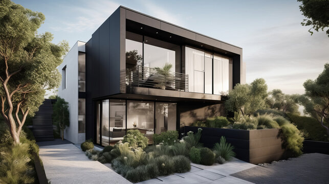 Contemporary urban home with sharp architectural lines, black and white contrast siding, and a rooftop terrace. 