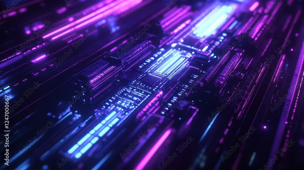 Poster glowing microchip circuitry illuminated in dark space representing technological innovation and digi