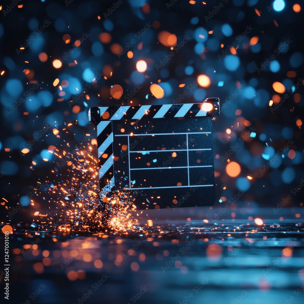 Poster a dynamic composition of a clapperboard with abstract lighting effects.