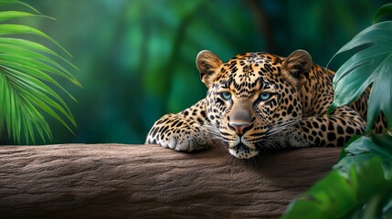 Fototapeta premium Majestic Leopard Resting on a Tree Branch in Lush Jungle - A stunning depiction of a leopard lounging peacefully. The image captures elements of wildlife, tranquility, nature, strength, and beauty.