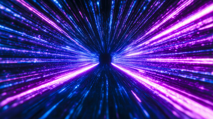 Naklejka premium Futuristic abstract background with glowing purple and blue light streaks converging into black hole, representing warp speed or digital technology