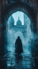 a hooded figure walks through an archway in a misty old city.