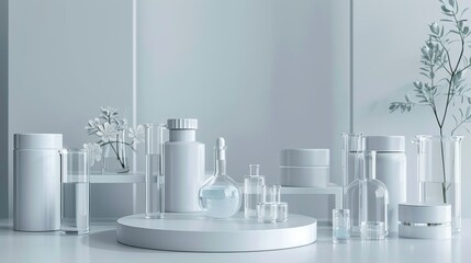 Cosmetic podium display featuring glass flask and cylinder equipment in a modern medical science lab background. 3D rendered, professional and clean