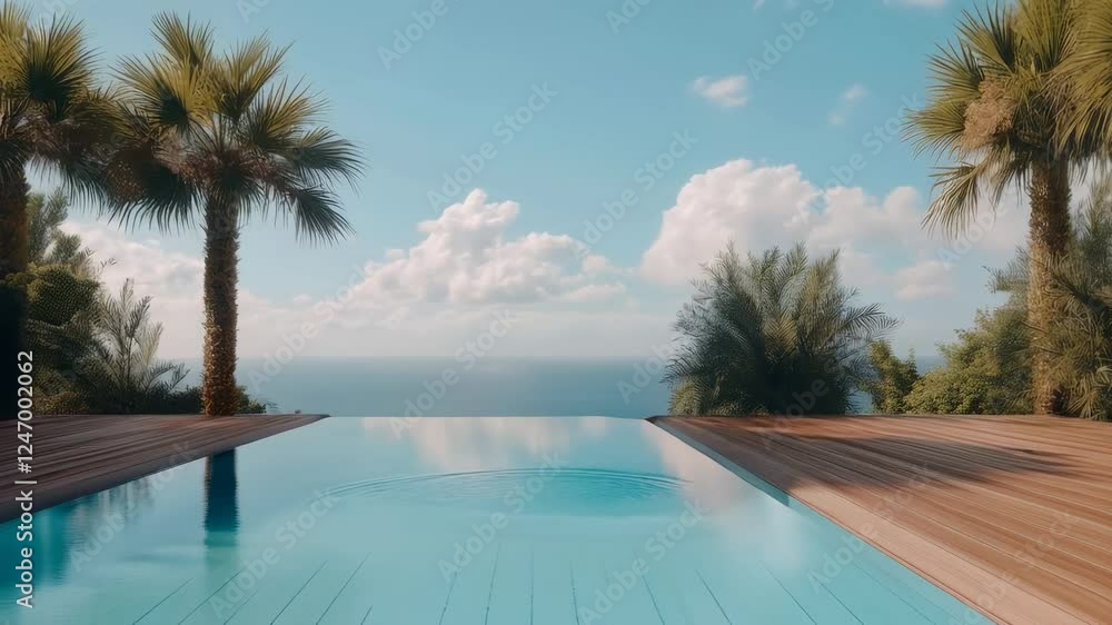 Aufkleber slow motion view of a tranquil infinity pool blending seamlessly with the ocean view, framed by palm