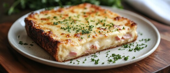 Delicious Croque Monsieur on Plate with Melted Cheese and Ham Topped with Fresh Parsley
