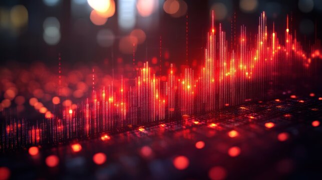 Red data surge, city night, finance graph