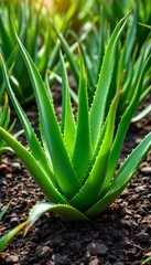 Obraz premium Lush Aloe Vera Plants Flourishing in Sunlit Garden Bed
