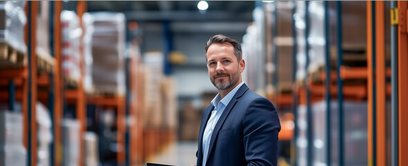 Confident warehouse manager in suit holding tablet, standing in large storage facility with shelves full of inventory, representing logistics and supply chain management
