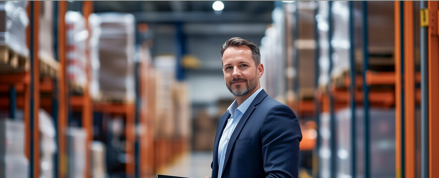 Confident warehouse manager in suit holding tablet, standing in large storage facility with shelves full of inventory, representing logistics and supply chain management