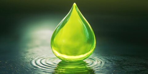 A green drop of water sits on the surface of a body of water. The drop is surrounded by ripples, and the water is calm. Concept of tranquility and serenity