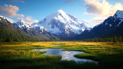 Majestic Snowcapped Mountain and Yellow Flower Valley
