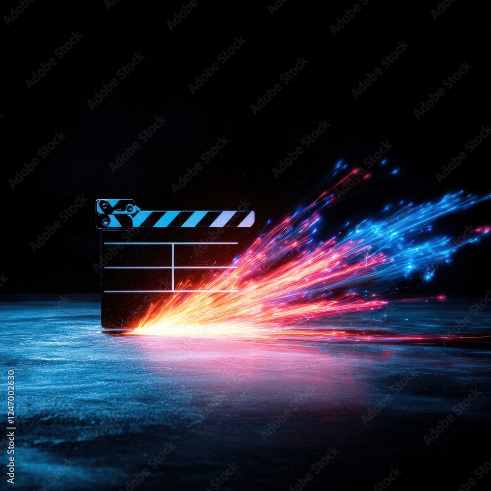Poster a dynamic composition of a clapperboard with abstract lighting effects.