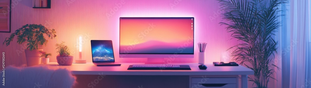 Poster a cozy, modern workspace featuring a computer setup with ambient lighting and plants, creating a ser