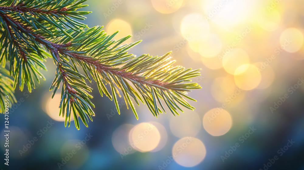Poster a close-up shot of a coniferous branch captures sunlight bokeh, creating a refreshing and peaceful s