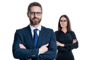 successful partnership in business team with businesspeople in formal suit expressing success isolated on white