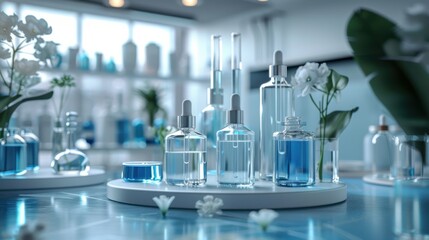 Cosmetic podium display featuring glass flask and cylinder equipment in a modern medical science lab background. 3D rendered, professional and clean