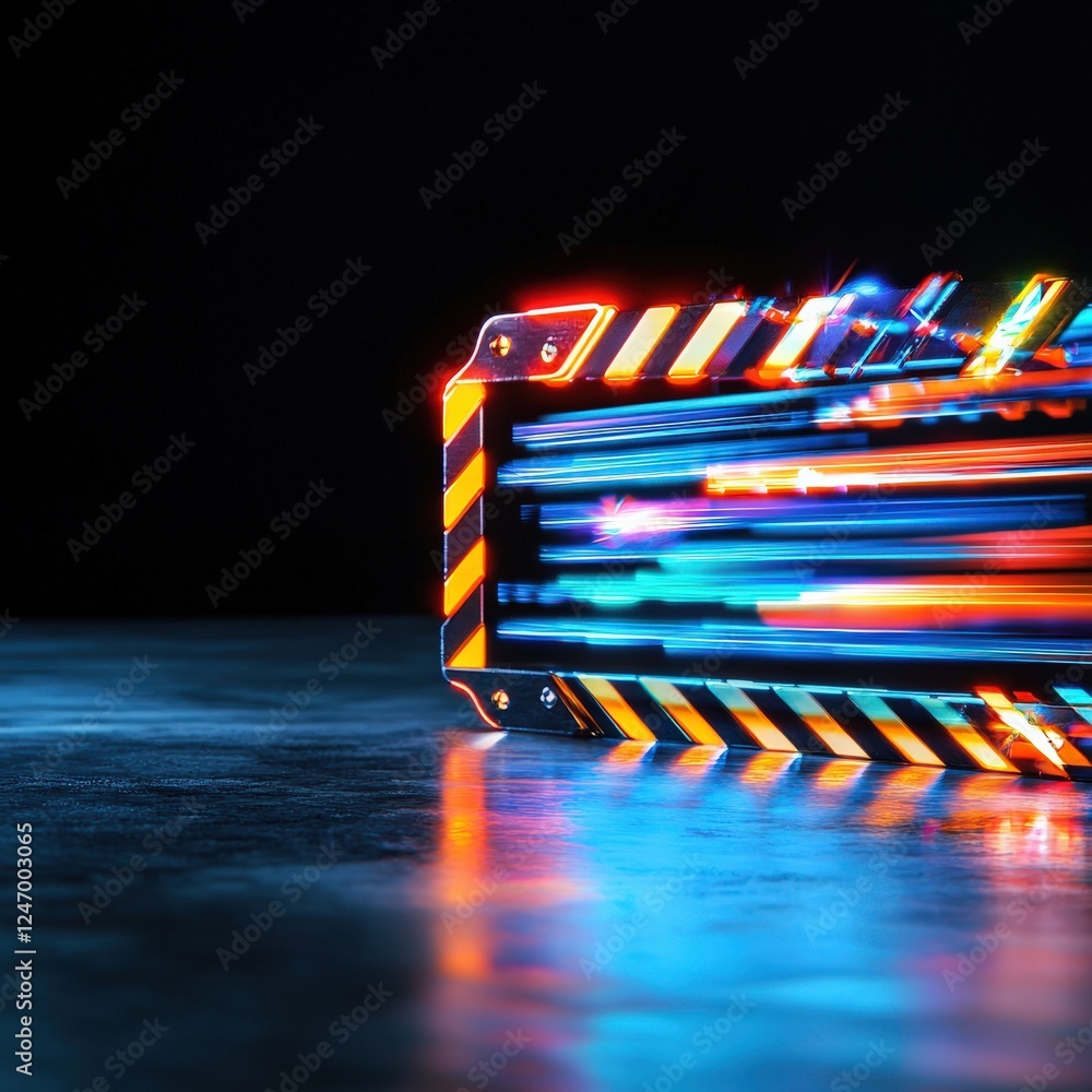 Poster a dynamic composition of a clapperboard with abstract lighting effects.