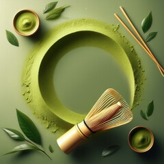 A sleek, minimalist matcha poster featuring a modern, matte green background. A delicate swirl of matcha powder forms a circular Zen