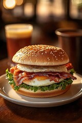 Delicious breakfast sandwich with bacon egg and lettuce on a sesame bun in a warm setting