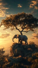 Fototapeta premium An elephant stands on top of a hill at sunset.
