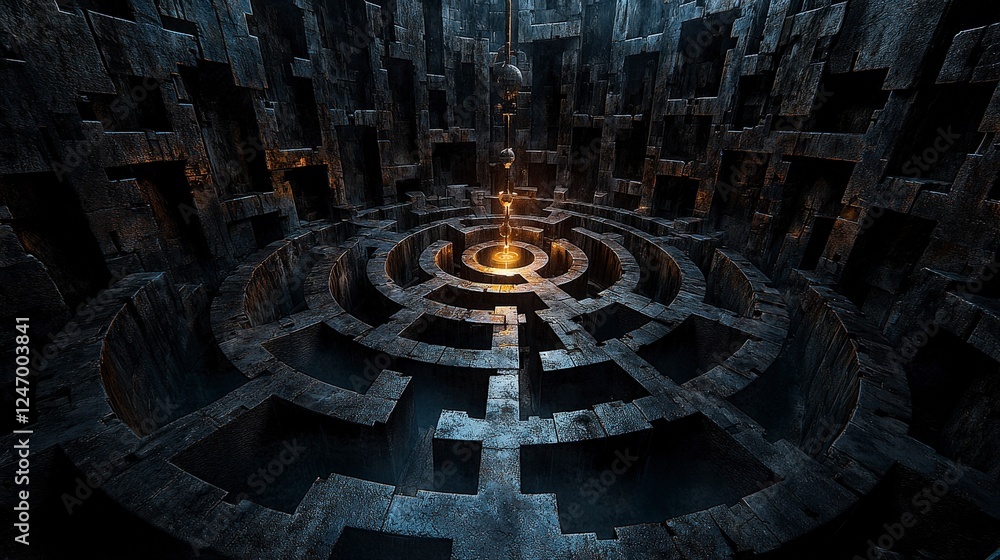 Poster evolving labyrinth a neverending maze adventure in a dark environment captured from a unique viewpoi