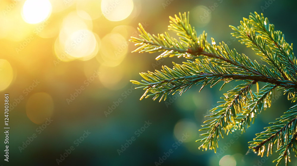 Poster a close-up shot of a coniferous branch captures sunlight bokeh, creating a refreshing and peaceful s