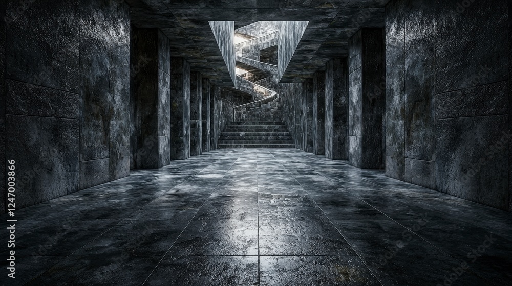 Poster Exploring a mysterious labyrinthine structure urban setting digital art dark atmosphere unique perspective conceptual depth